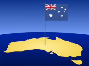Map of Australia with flag on pole illustration