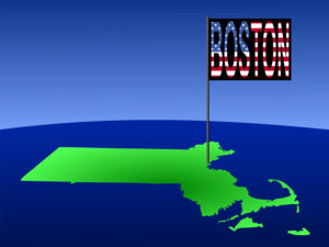 Map of Massachusetts with position of Boston marked by flag pole illustration