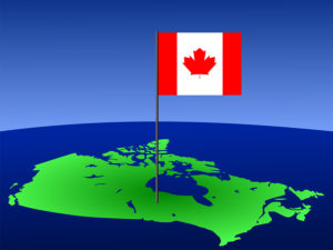 map of Canada and Canadian flag on pole illustration