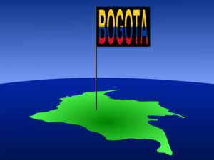 map of Colombia with position of Bogota marked by flag pole illustration