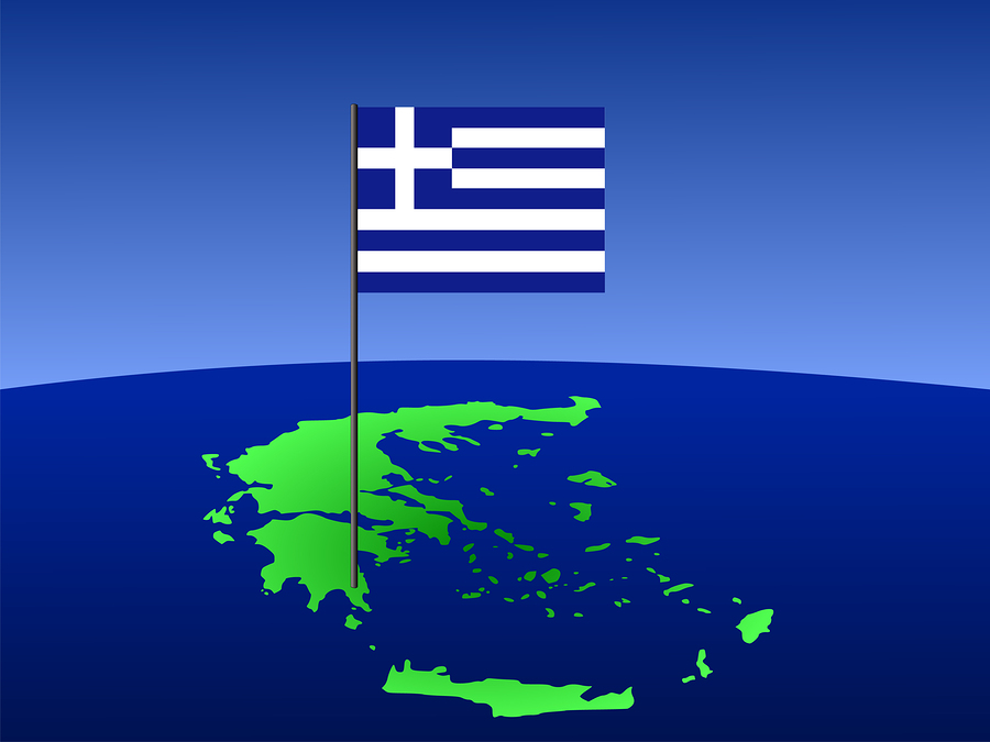 map of Greece and greek flag on pole illustration