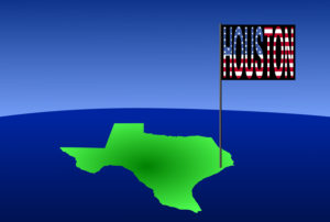 Map of Texas with position of Houston marked by flag pole illustration
