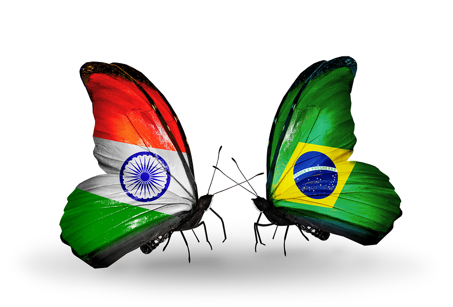 Two butterflies with flags on wings as symbol of relations India and Brazil