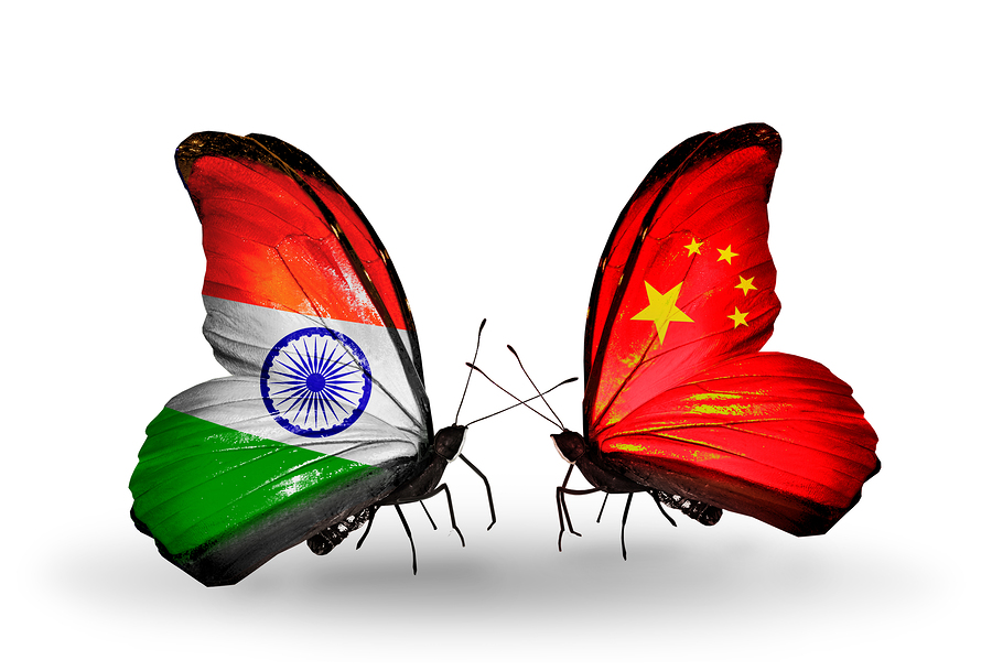 Two butterflies with flags on wings as symbol of relations India and China