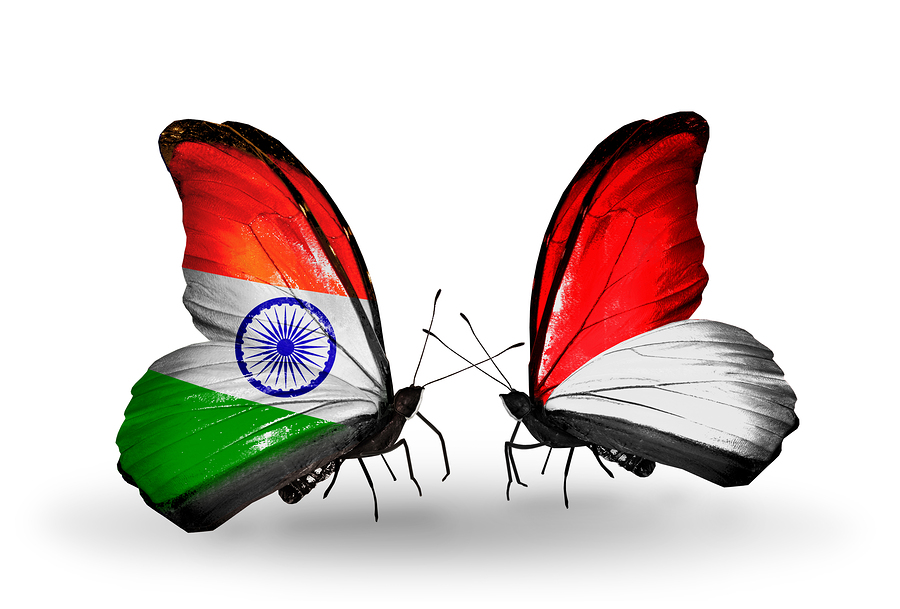 Two butterflies with flags on wings as symbol of relations India and Monaco Indonesia
