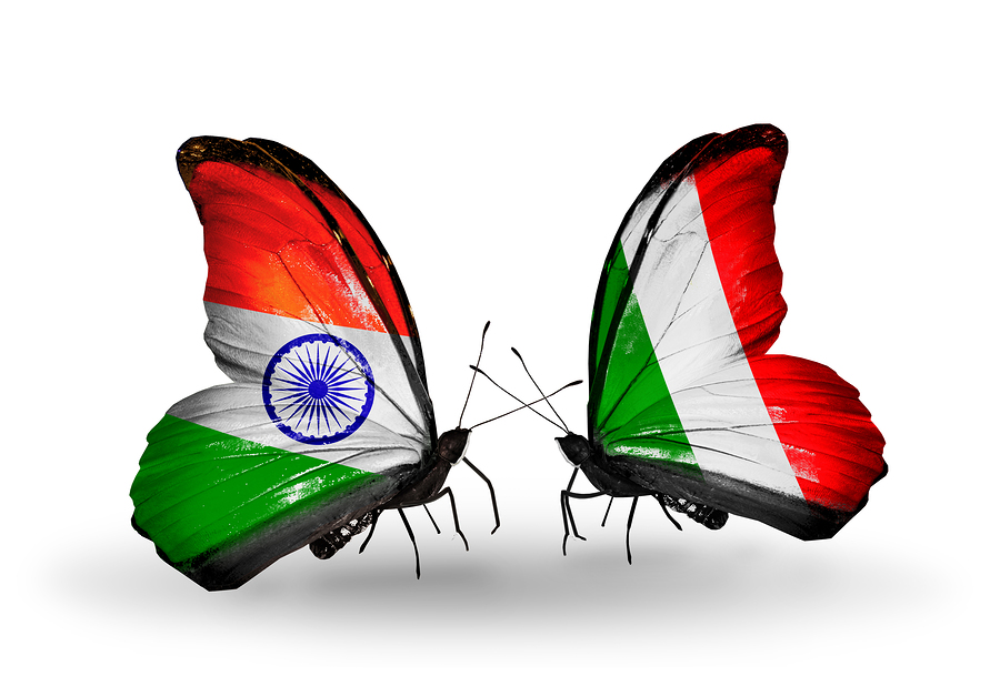 Two butterflies with flags on wings as symbol of relations India and Italy