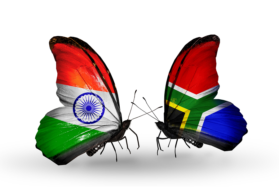 Two butterflies with flags on wings as symbol of relations India and South Africa
