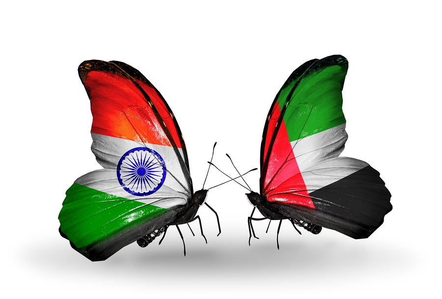 Two butterflies with flags on wings as symbol of relations India and UAE