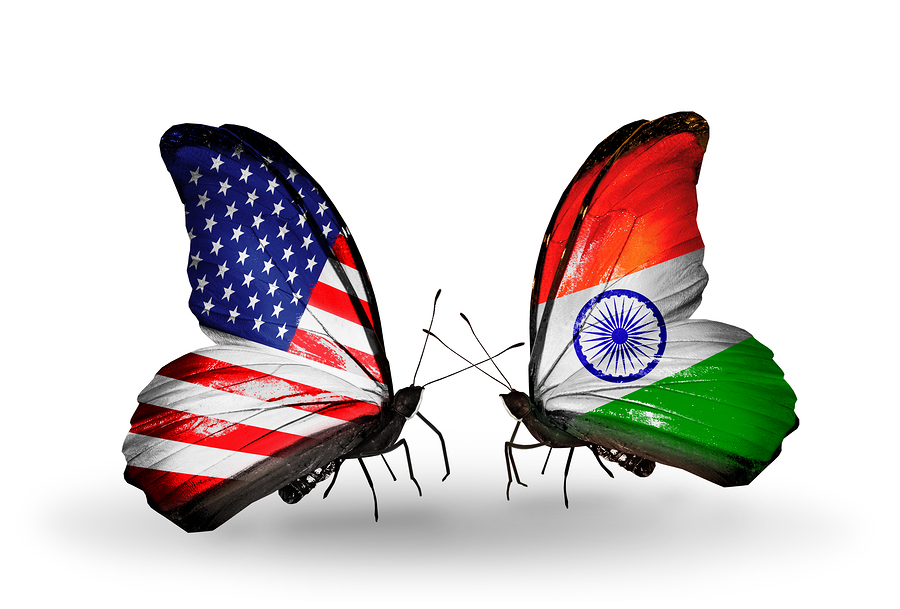 Two butterflies with flags on wings as symbol of relations USA and India