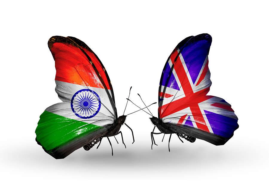 Two butterflies with flags on wings as symbol of relations India and UK