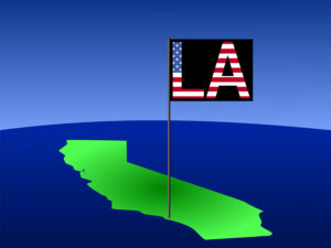 Map of California with position of Los Angeles marked by flag pole illustration