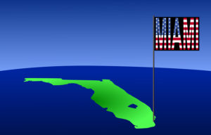 Map of Florida with position of Miami marked by flag pole illustration