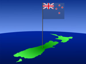 map of New Zealand and their flag on pole illustration