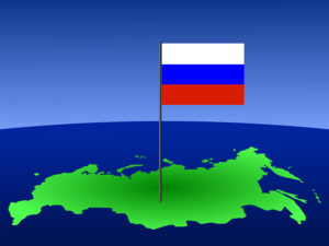 map of Russia and Russian flag on pole illustration