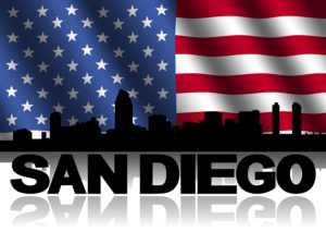 San Diego skyline and text reflected with rippled American flag illustration