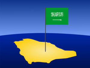 map of Saudi Arabia and their flag on pole illustration