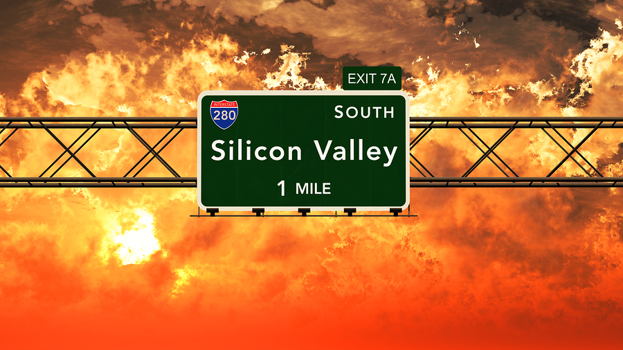 Silicon Valley USA Interstate Highway Sign in a Beautiful Cloudy Sunset Sunrise Photorealistic 3D Illustration