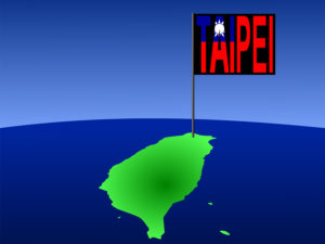map of Taiwan with position of Taipei marked by flag pole illustration