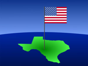 Map of Texas with American flag on pole illustration
