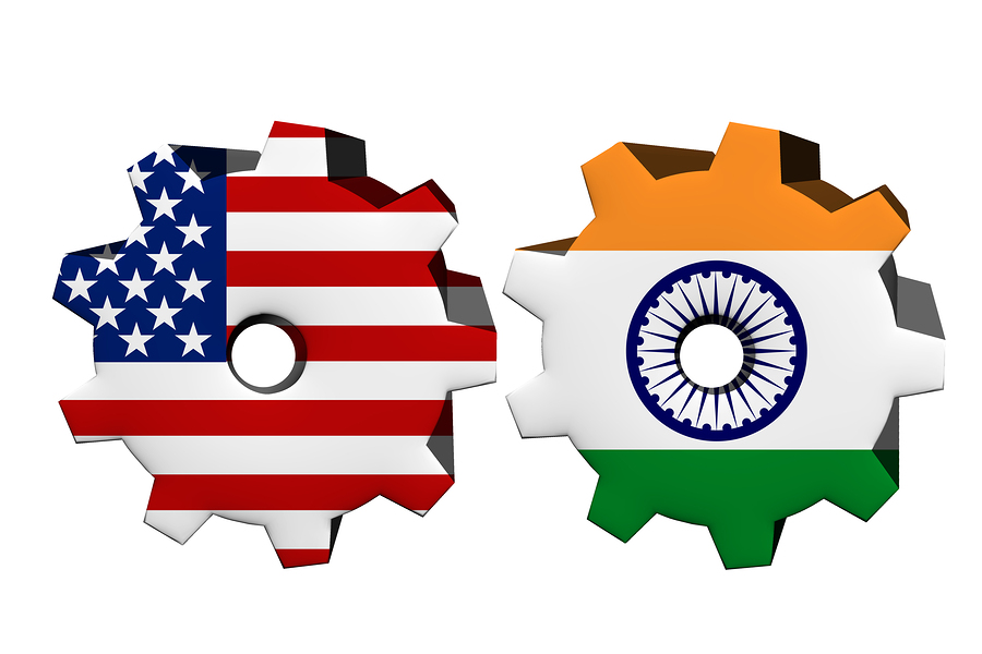 The United States of America and India working together Two cogwheels with a flag of the United Sta, 3D Illustrationtes and India isolated on white