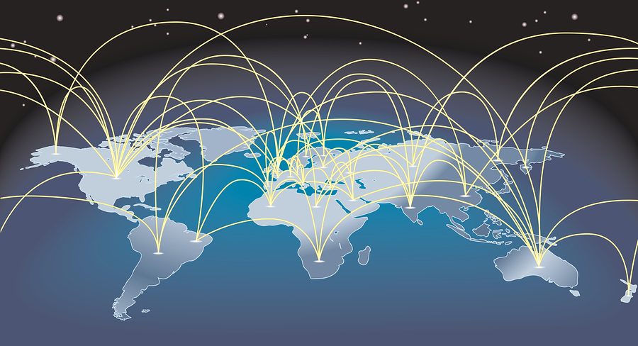 A world map background with flight paths or trade routes