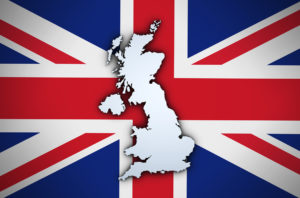 uk map on british union jack flag
